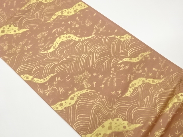 JAPANESE KIMONO / FUKURO OBI / WOVEN ROUGH WAVE & BIRD 